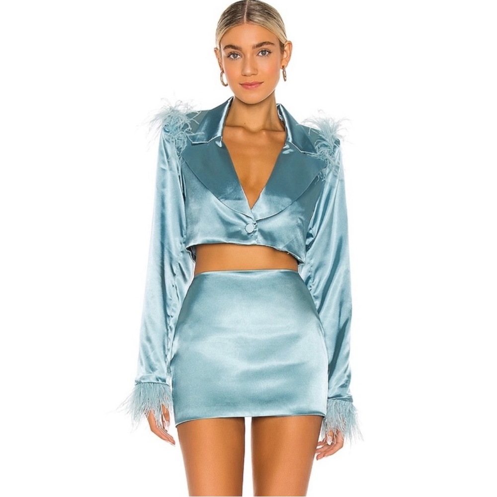 DANIELLE GUIZIO SET XS Feathered Double Breasted Cropped Blazer / Skirt Sea Foam